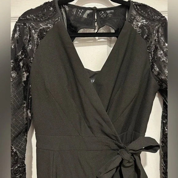 Little Mistress wrap front jumpsuit sequin sleeves. - Picture 8 of 11